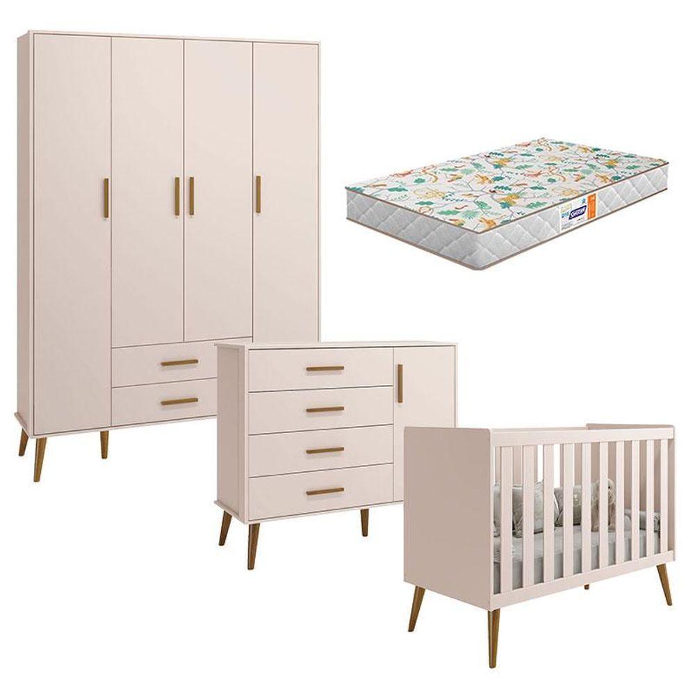 Quarto De Bebê Isis 4 Portas Rosa Acetinado Com Colchão Gazin - Reller - 1