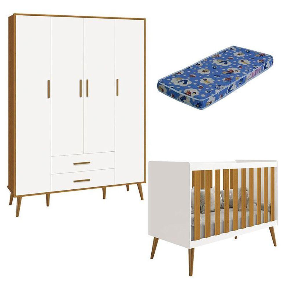 Berço Americano E Guarda Roupa Infantil 4 Portas Isis Branco Acetinado Savana Com Colchão Ortobom - 1