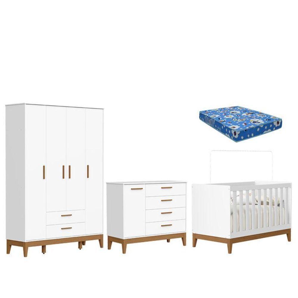 Quarto De Bebê Flip Com Cômoda Sapateira Branco Acetinado Com Colchão Ortobom - Reller - 1