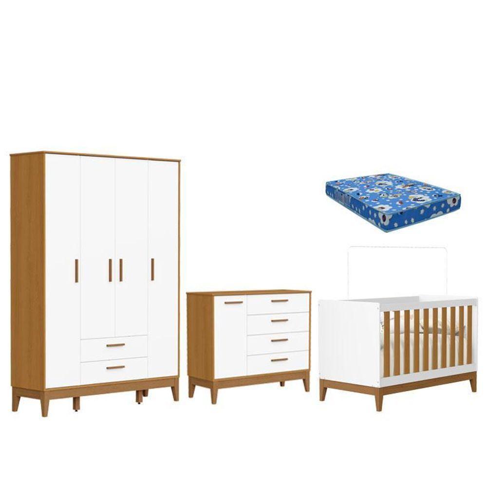 Quarto De Bebê Flip Com Cômoda Sapateira Branco Acetinado Savana Com Colchão Ortobom - Reller - 1