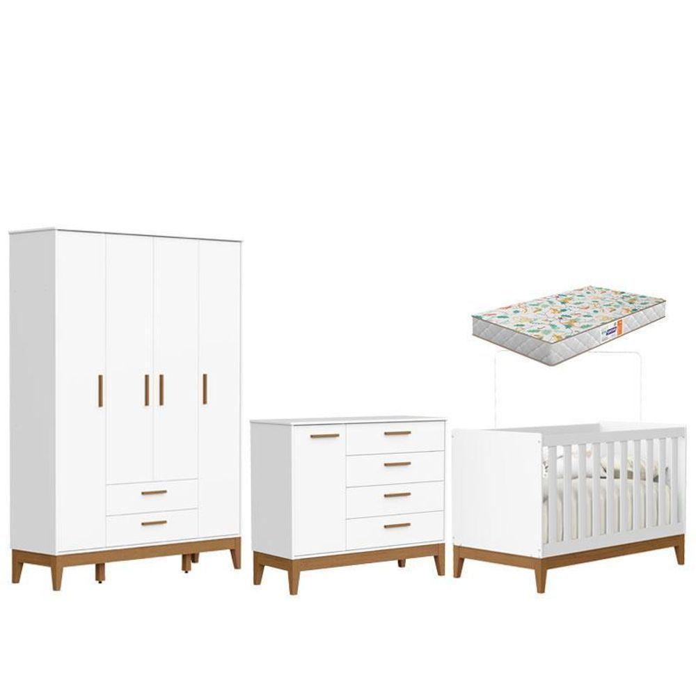 Quarto De Bebê Flip Guarda Roupa 4 Portas Branco Acetinado Com Colchão Gazin - Reller - 1