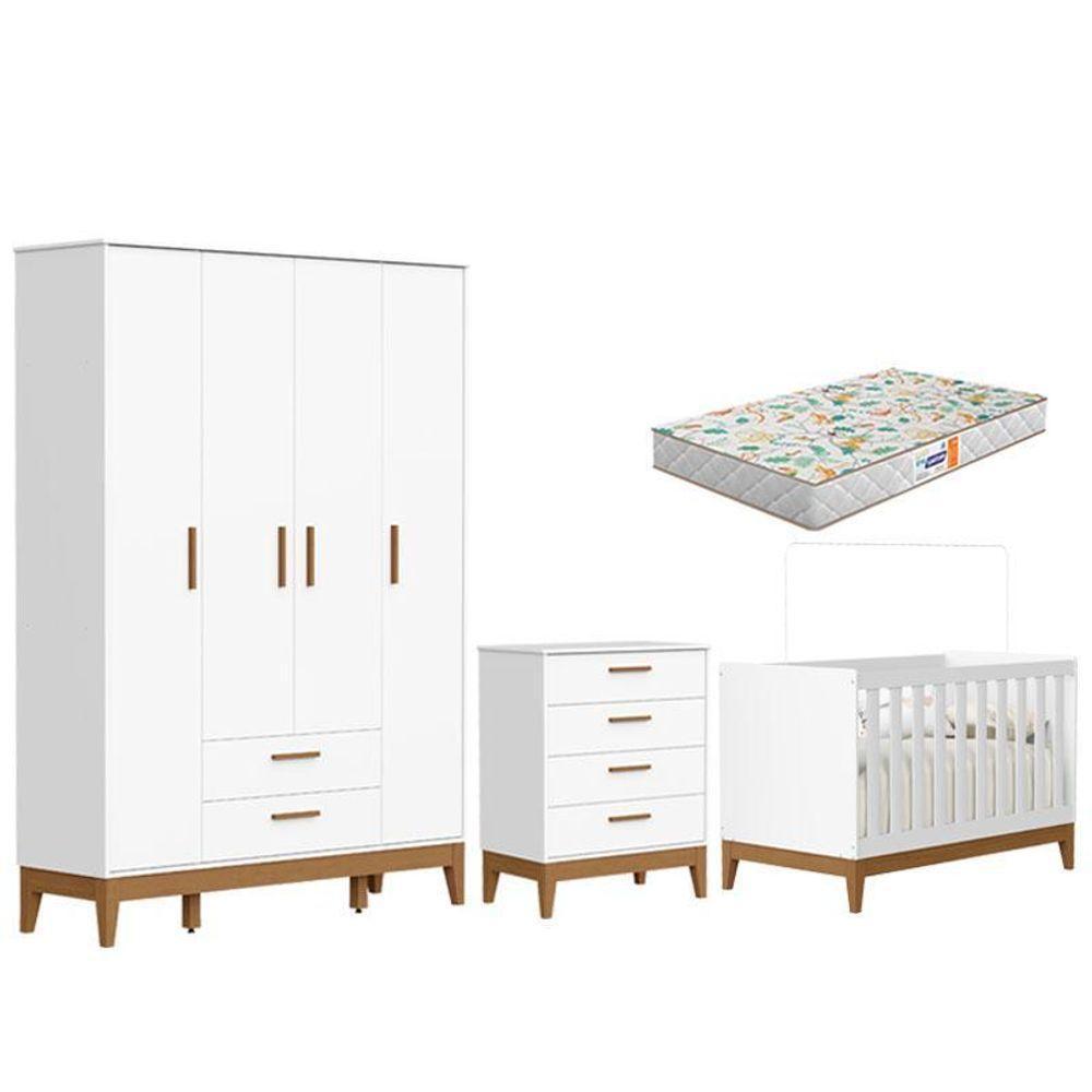 Quarto De Bebê Flip Guarda Roupa 4 Portas Branco Acetinado Com Colchão Gazin - Reller - 1