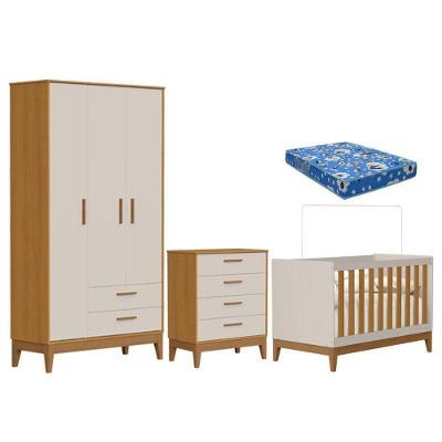 Quarto De Bebê Flip Com Cômoda Gaveteiro Areia Acetinado Savana Com Colchão - Reller