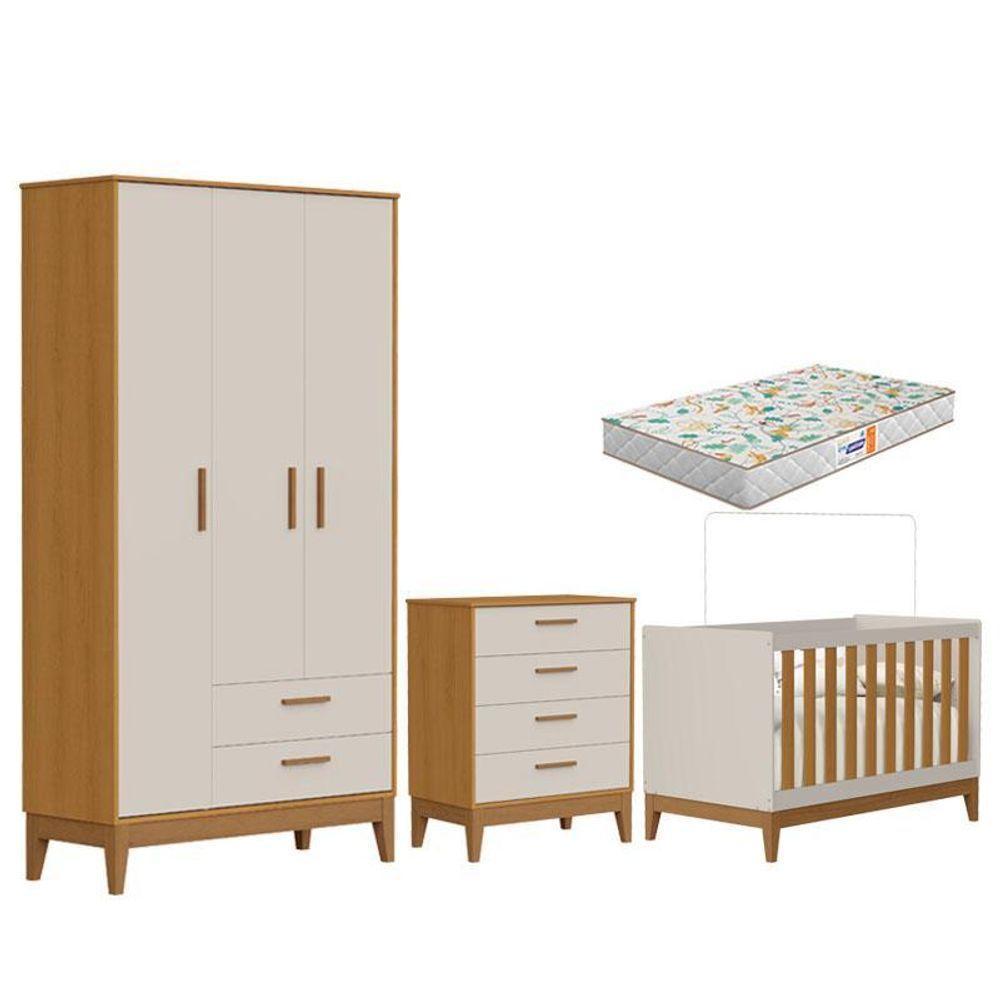 Quarto De Bebê Flip Com Cômoda Gaveteiro Areia Acetinado Savana Com Colchão Gazin - Reller - 1