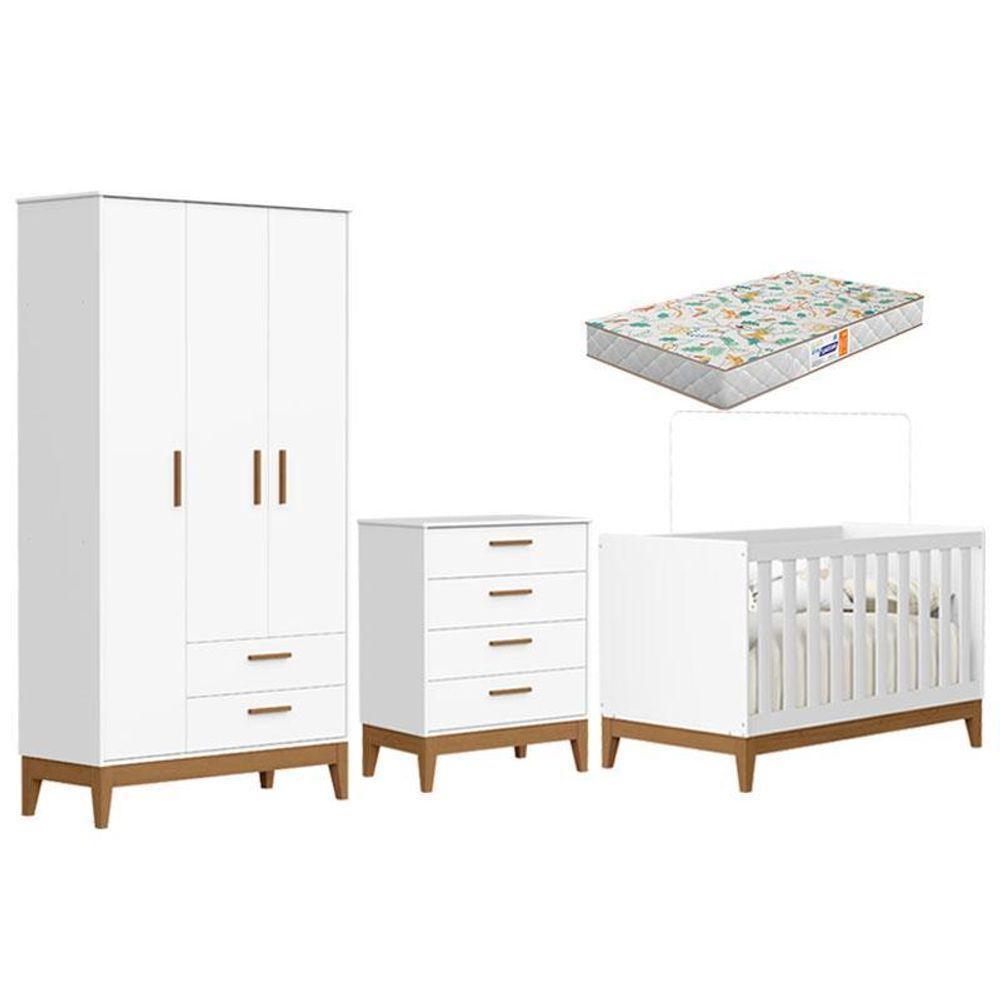 Quarto De Bebê Flip Com Cômoda Gaveteiro Branco Acetinado Com Berço Americano Colchão Gazin - Reller - 1