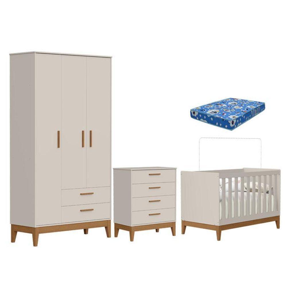 Quarto De Bebê Flip Com Cômoda Gaveteiro Areia Acetinado Com Colchão - Reller - 1