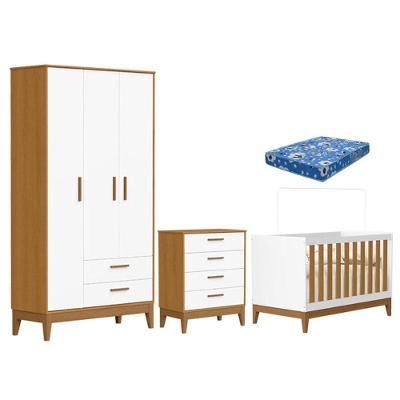 Quarto De Bebê Flip Com Cômoda Gaveteiro Branco Acetinado Savana Com Colchão - Reller
