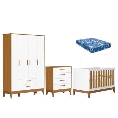 Quarto De Bebê Flip Guarda Roupa 4p Branco Acetinado Savana Com Colchão - Reller