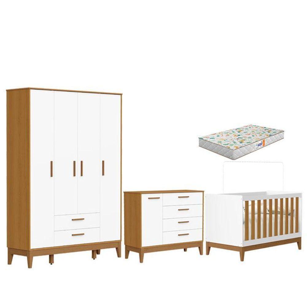 Quarto De Bebê Flip Guarda Roupa 4 Portas Branco Acetinado Savana Com Colchão Gazin - Reller - 1