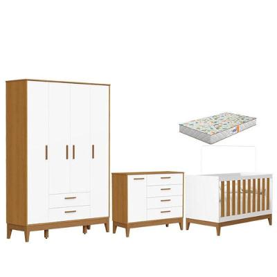 Quarto De Bebê Flip Guarda Roupa 4 Portas Branco Acetinado Savana Com Colchão Gazin - Reller