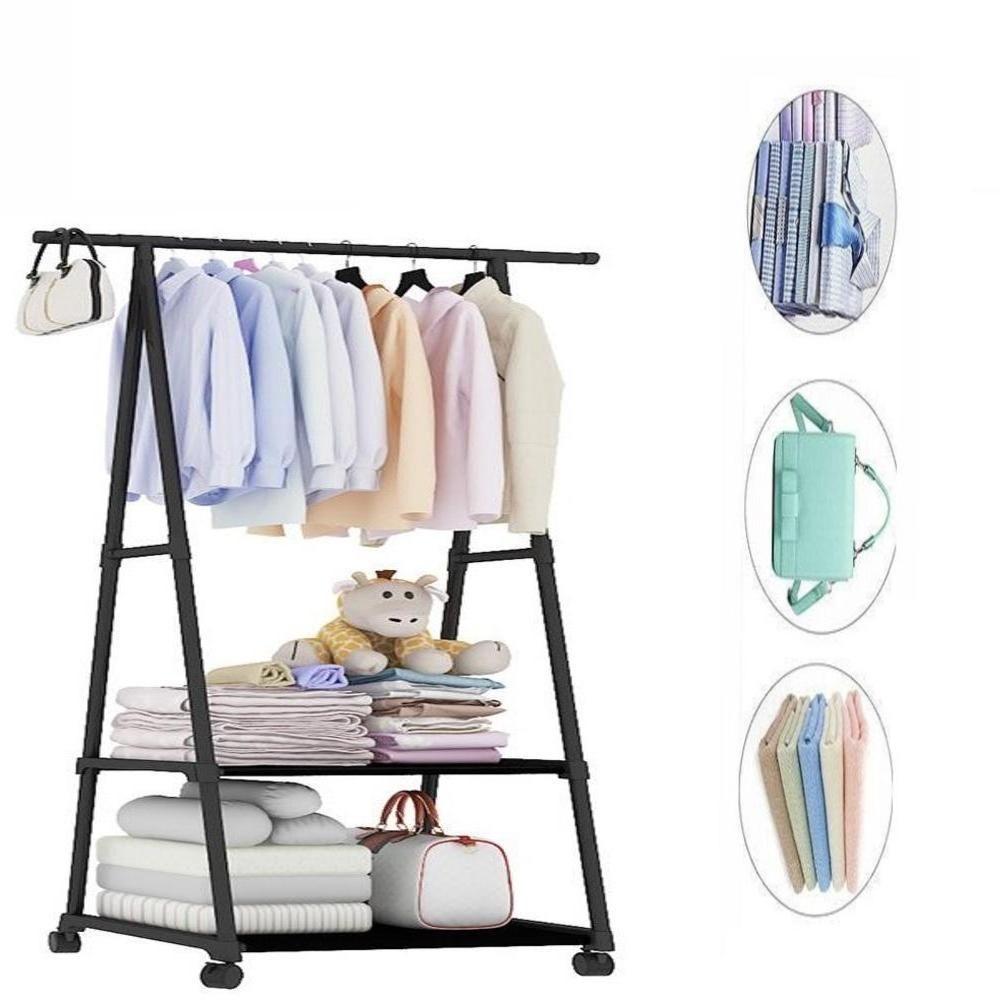 Armario Portatil Arara Roupas 2 Prateleiras Carrinho Guarda Sapateira Rodinhas Organizador Preto - 1