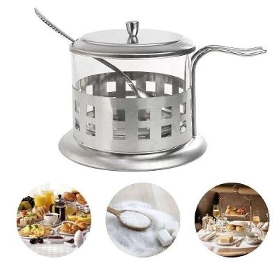Acucareiro Inox Vidro Prata Kit Completo Luxo Colher Tampa Removivel Porta Acucar Sal Pote Alca Cha Cafe