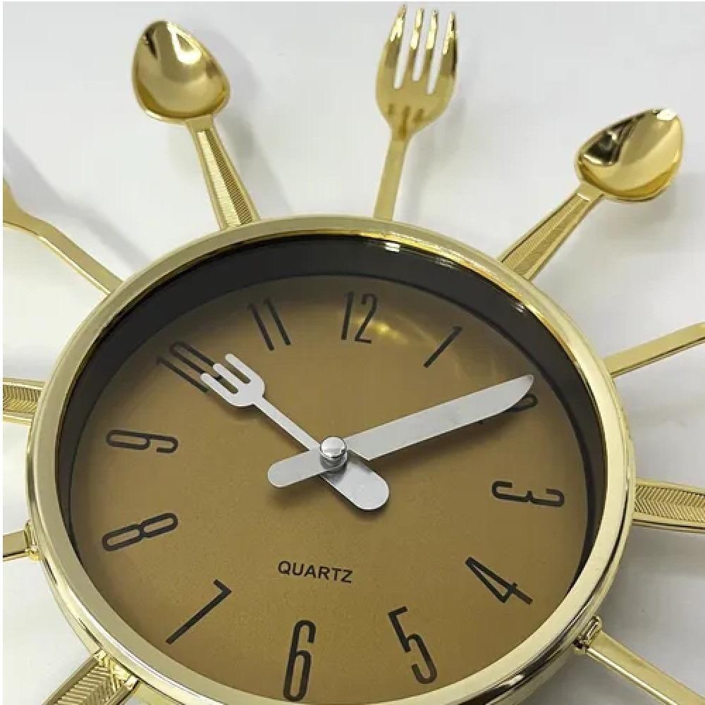 Relogio De Parede Decorativo Cozinha Estilo Retro Com Talheres Design Elegante Moderno Dourado Luxo - 5