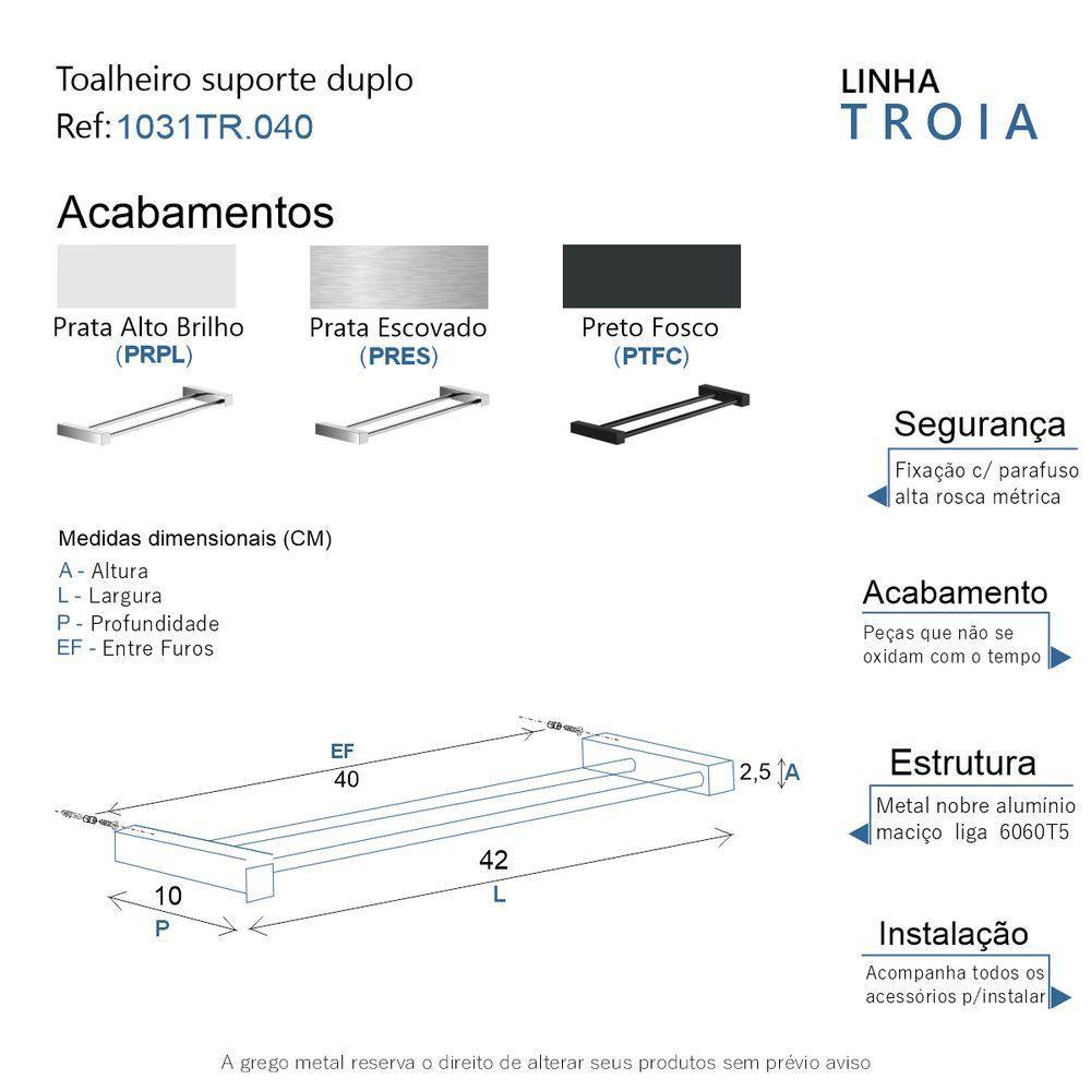 Porta Toalha Toalheiro Duplo Para Banheiro Escovado Troia 40cm - 4