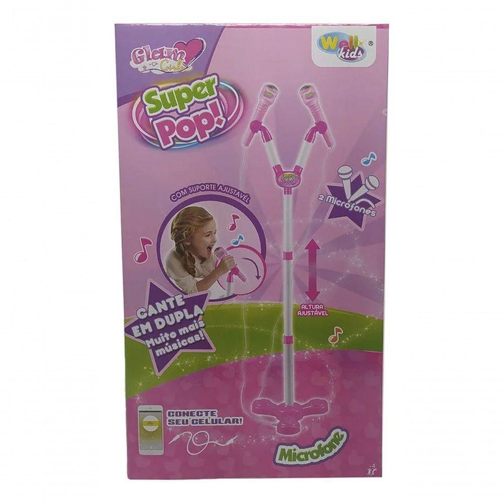 Kit Microfone Infantil Duplo Pedestal Luz Som Conecta Celula - 6
