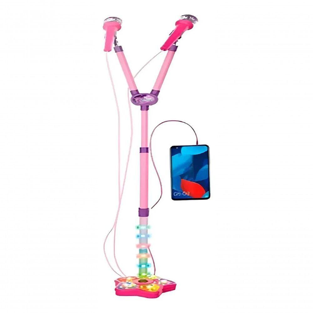 Kit Microfone Infantil Duplo Pedestal Luz Som Conecta Celula - 7