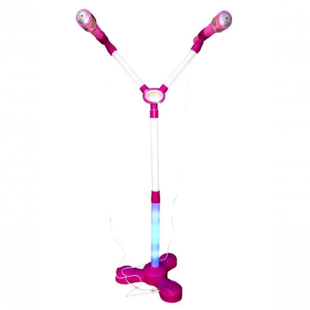 Kit Microfone Infantil Duplo Pedestal Luz Som Conecta Celula - 10