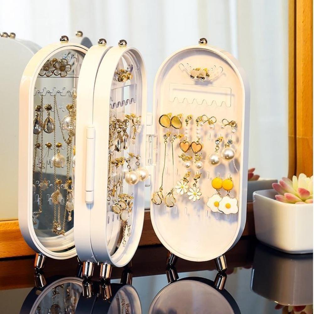Porta Joias Dobravel Espelho 3 Compartimentos Acrilico Organizador Caixa Armazenadora Branco Versatilidade - 2