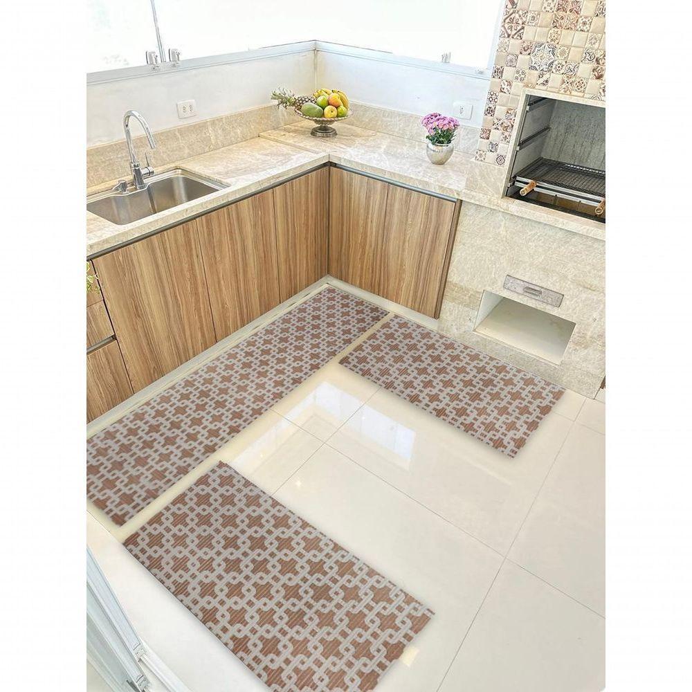 Kit 3 Peças Jogo Cozinha Passadeira Emborrachada Não Derrapa Elos Marrom Bege - 1