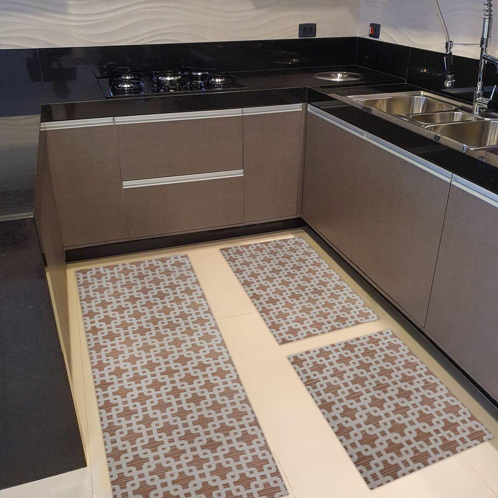 Kit 3 Peças Jogo Cozinha Passadeira Emborrachada Não Derrapa Elos Marrom Bege - 3