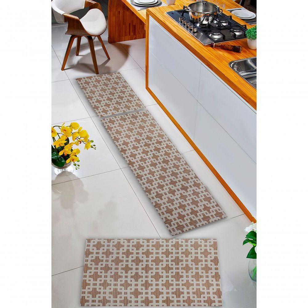 Kit 3 Peças Jogo Cozinha Passadeira Emborrachada Não Derrapa Elos Marrom Bege - 4