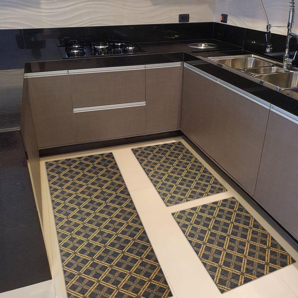 Kit 3 Peças Jogo Cozinha Passadeira Emborrachada Não Derrapa Geometric Azul Laranja - 3