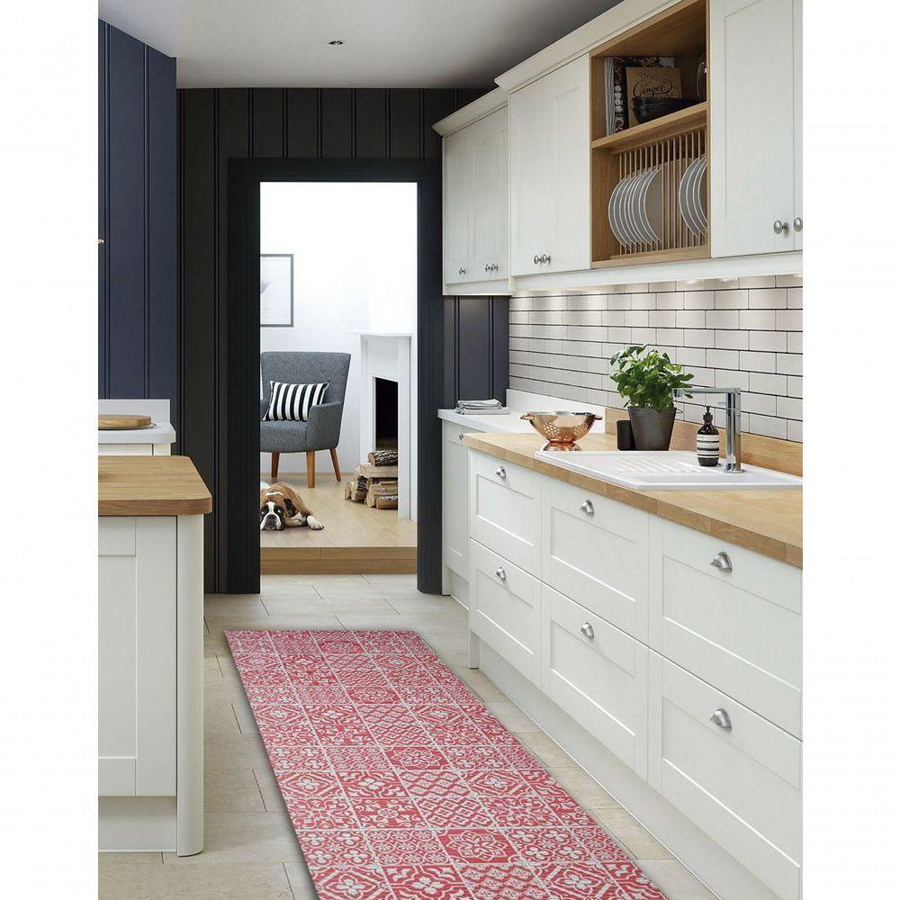 Tapete Passadeira Emborrachada Pvc Antiderrapante 0,65x4,00m Azulejo Vermelho Branco - 1