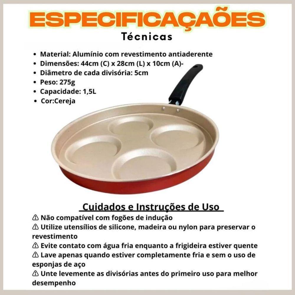 Frigideira 4 Em 1 Multiuso Com Divisórias Antiaderente Ovos Hamburgers 1,5 Litros Cereja - 4