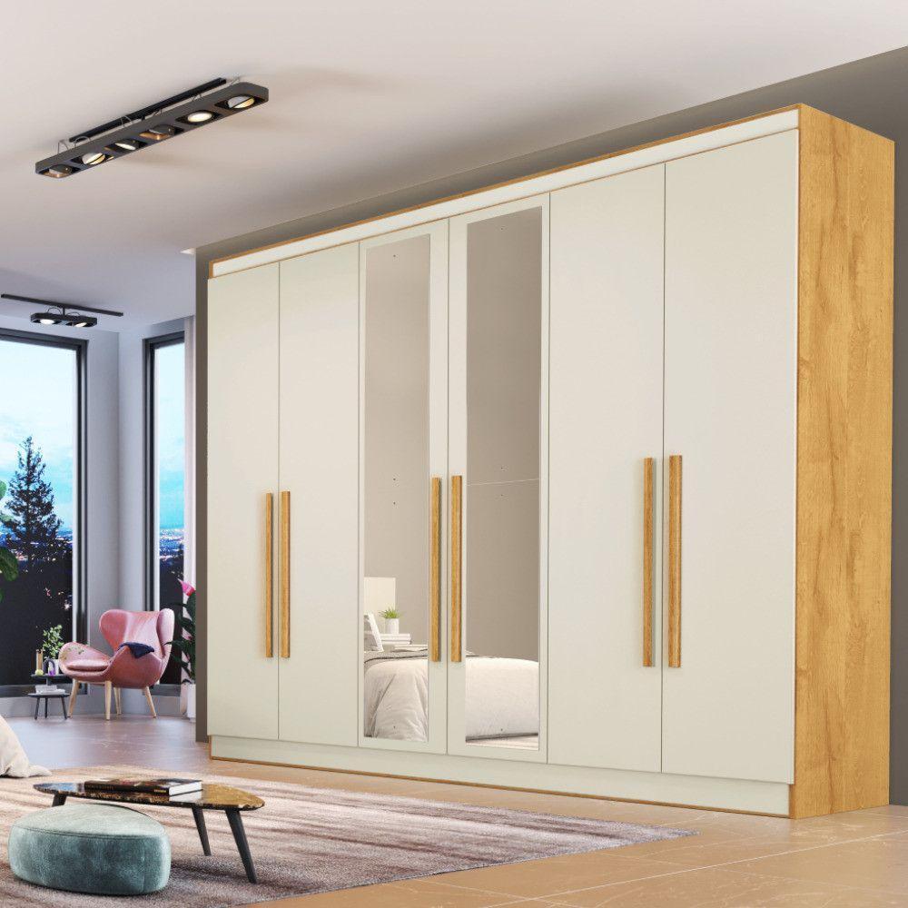Guarda Roupa Oslo 6 Portas 4 Gavetas 100% Mdf Espelhado Peroba-off White - 3