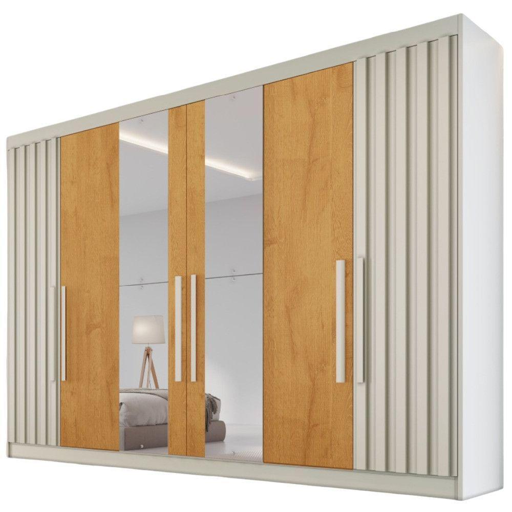 Guarda Roupa 6 Portas Potente Com Espelho 100% Mdf Off White/peroba - 1