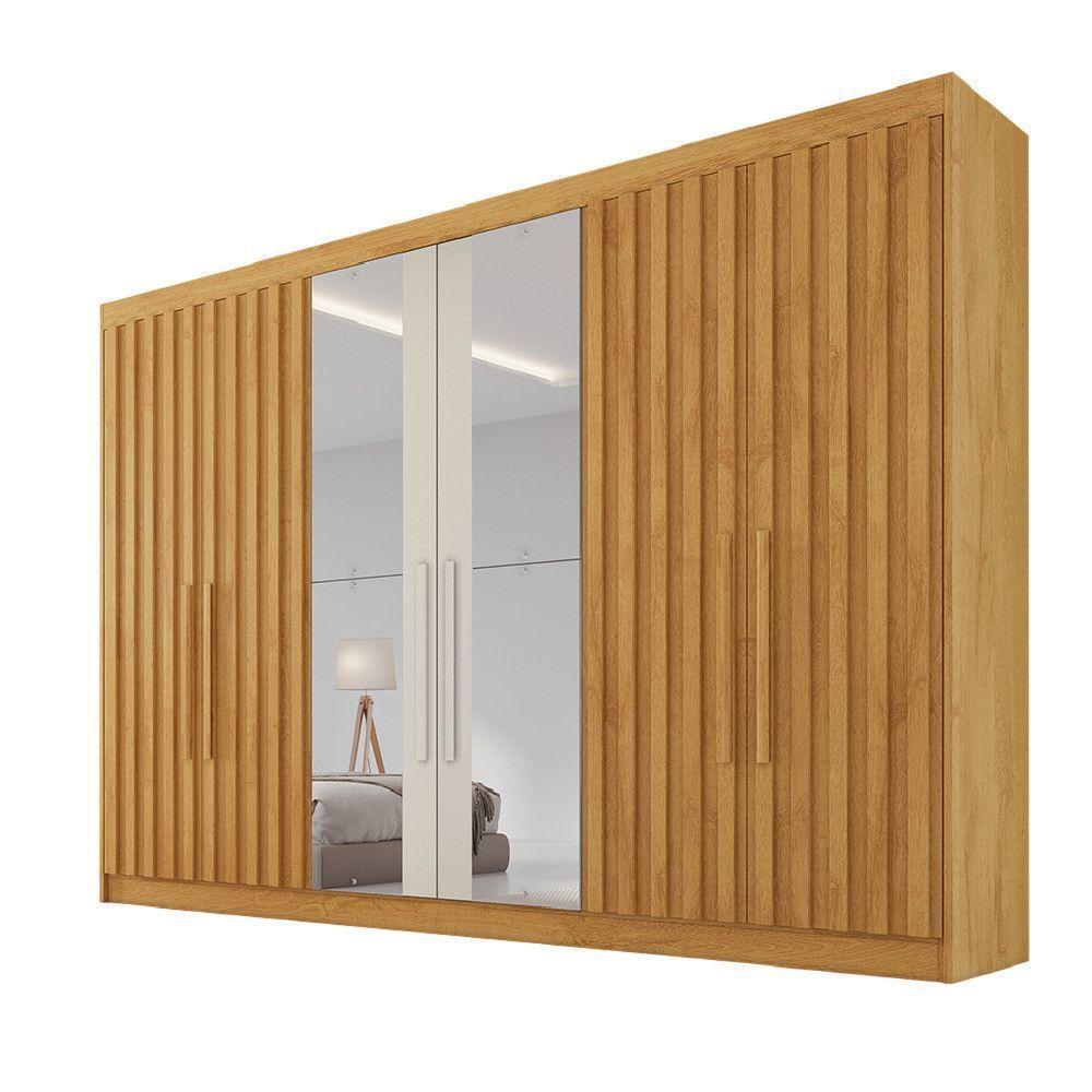 Guarda Roupa 6 Portas Potente 4 Ripado Com Espelho 100% Mdf Peroba/off White - 1