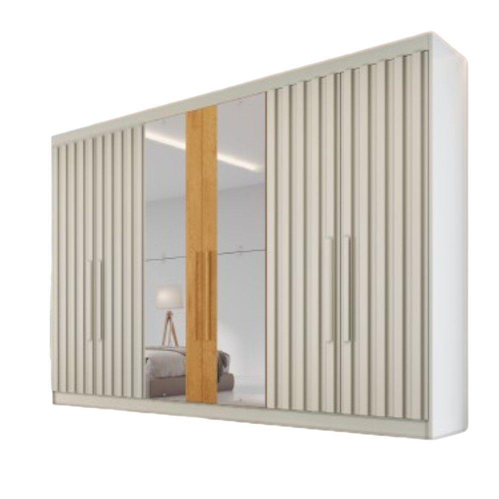Guarda Roupa 6 Portas Potente 4 Ripado Com Espelho 100% Mdf Off White/peroba - 1