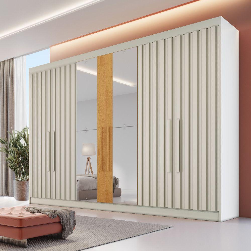 Guarda Roupa 6 Portas Potente 4 Ripado Com Espelho 100% Mdf Off White/peroba - 2