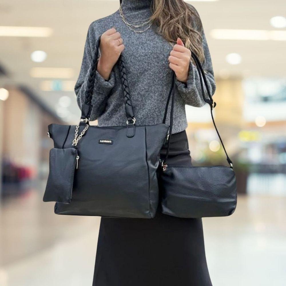 Kit 3 Peças Bolsa Feminina Com Alça Trançada Lyssa Preta - 2