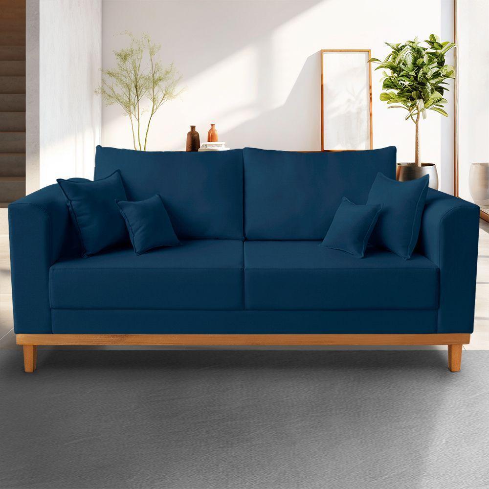 Sofá Viena Beny 3 Lugares Com Base De Madeira Linho Azul - 2