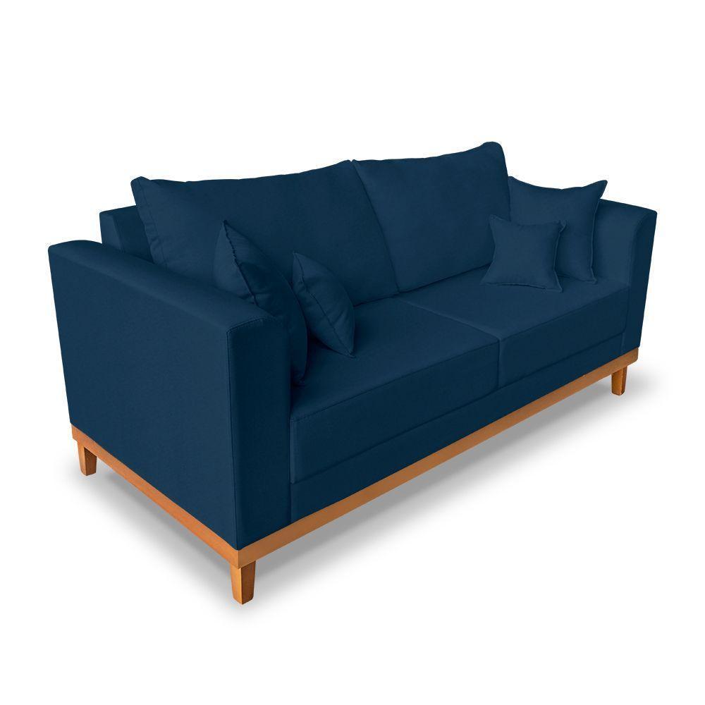 Sofá Viena Beny 3 Lugares Com Base De Madeira Linho Azul - 3