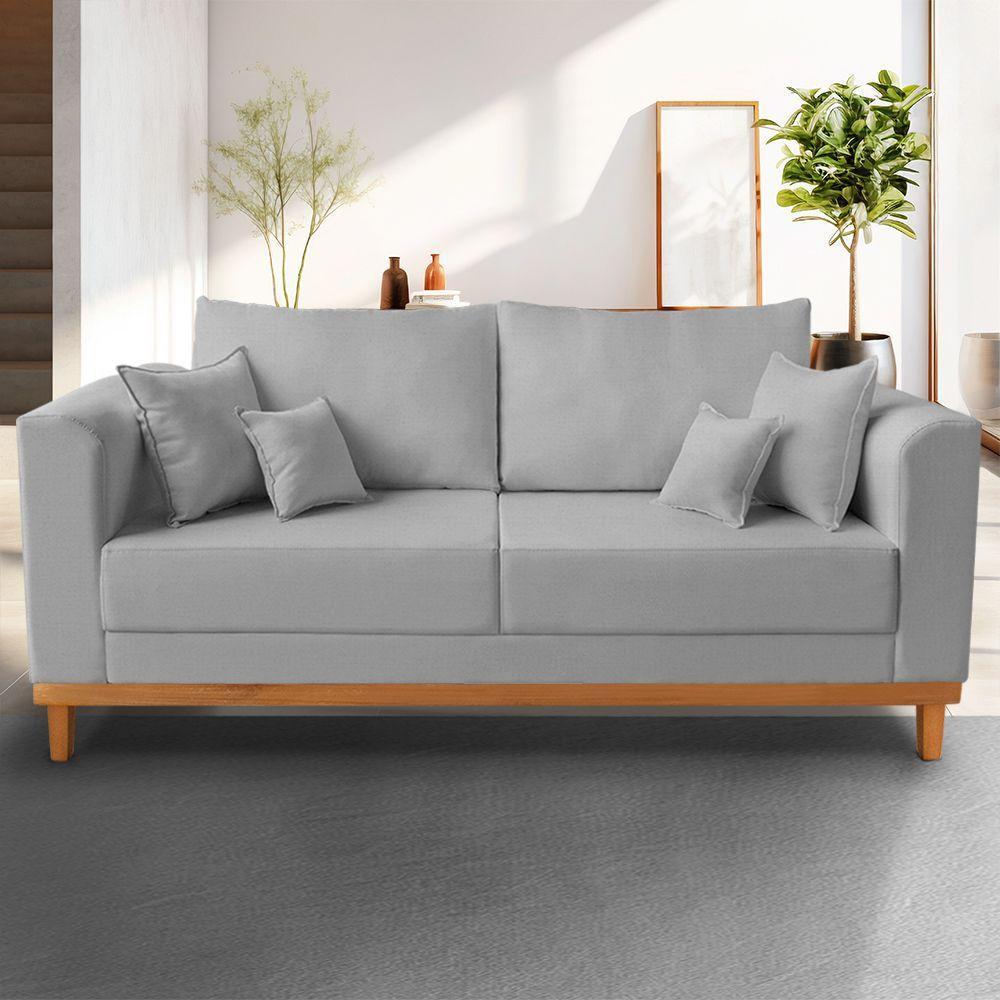 Sofá Viena Beny 03 Lugares Com Base De Madeira Linho Cinza - 2