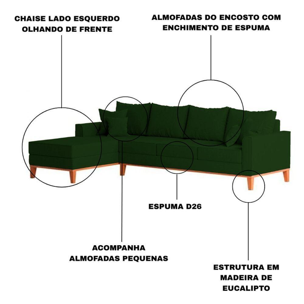 Sofá 4 Lugares Beny Com Chaise Esquerdo Suede Verde - 3