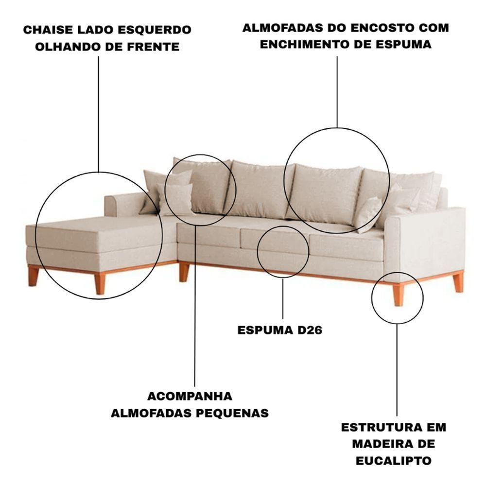 Sofá 4 Lugares Beny Com Chaise Esquerdo Linho Bege - 3