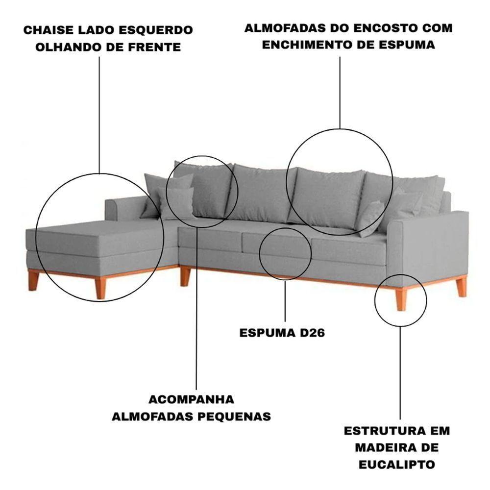 Sofá 4 Lugares Beny Com Chaise Esquerdo Linho Cinza - 3