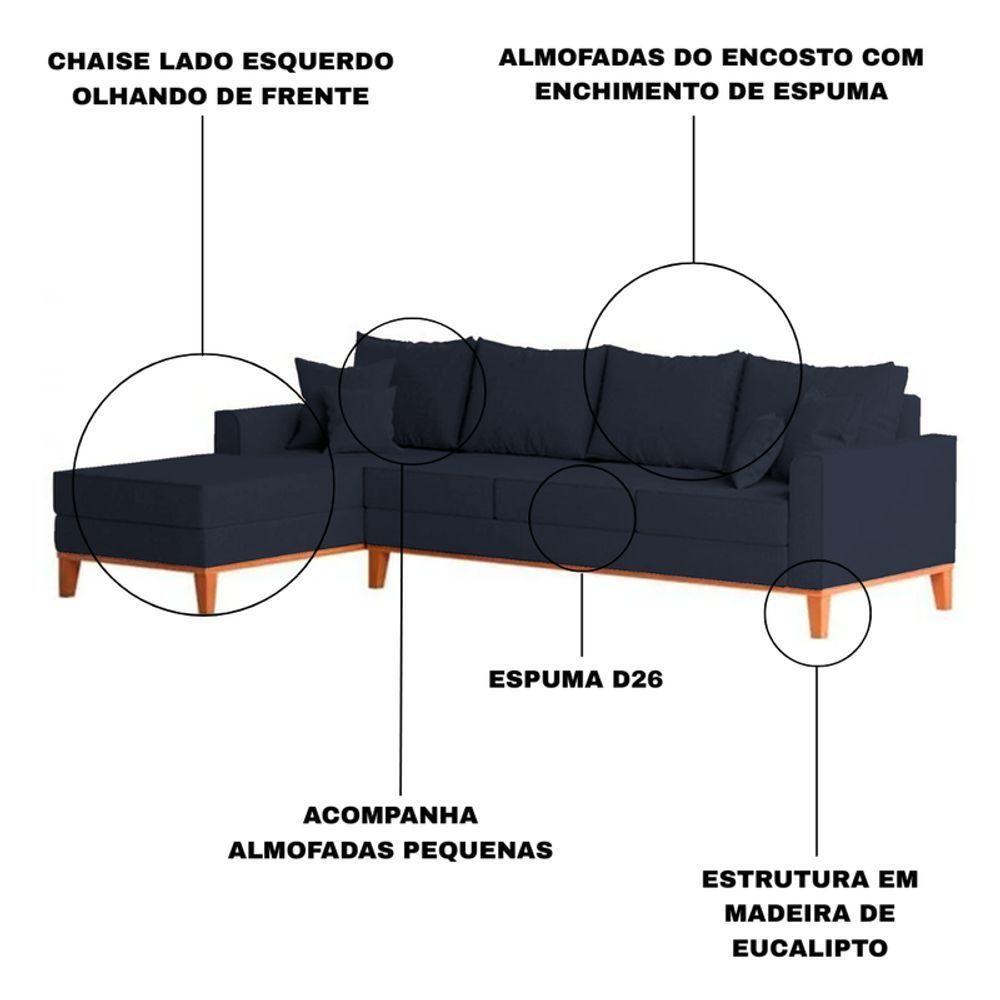 Sofá 4 Lugares Beny Com Chaise Esquerdo Linho Azul - 3