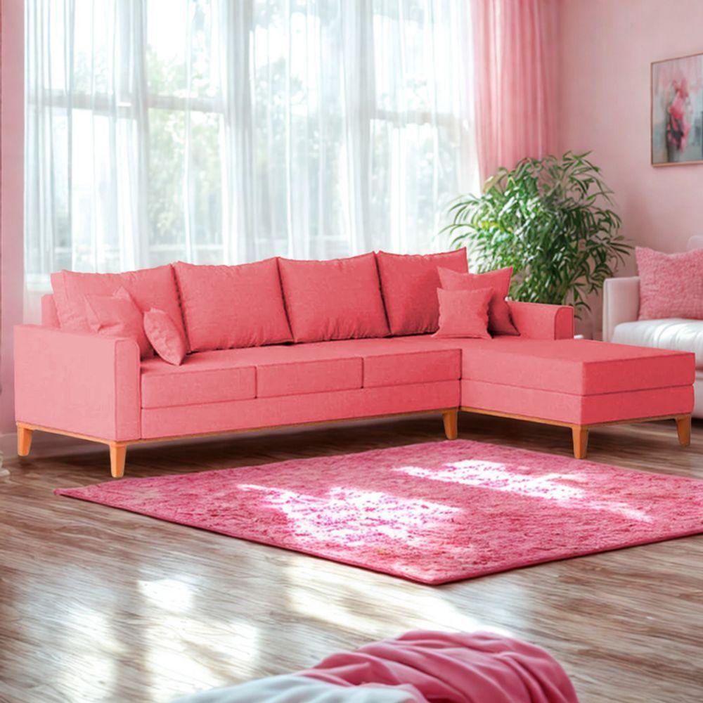 Sofá 4 Lugares Beny Com Chaise Direito Suede Rosa - 1
