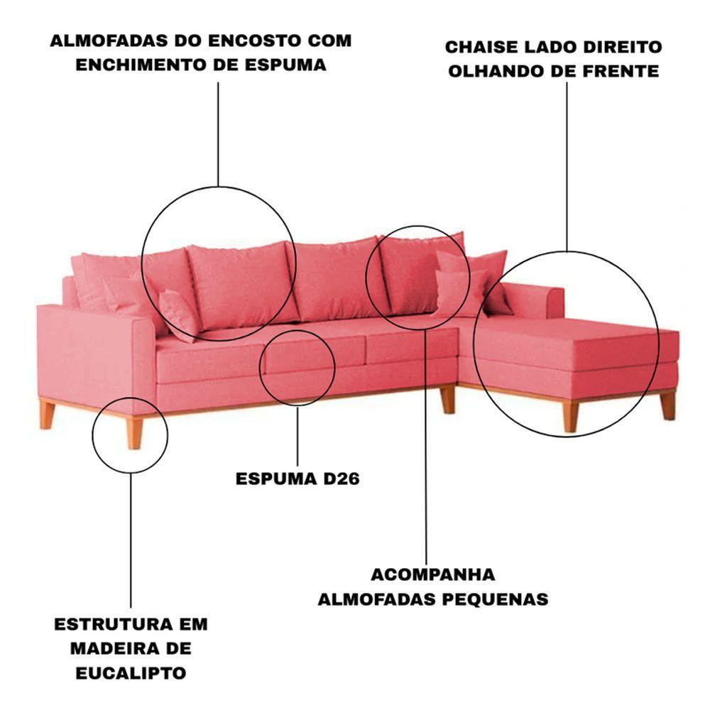 Sofá 4 Lugares Beny Com Chaise Direito Suede Rosa - 3