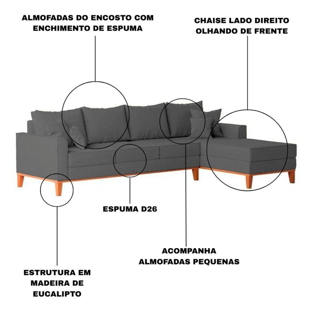 Sofá 4 Lugares Beny Com Chaise Direito Suede Cinza - 3