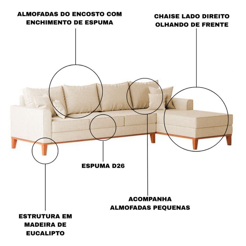 Sofá 4 Lugares Beny Com Chaise Direito Suede Bege - 3
