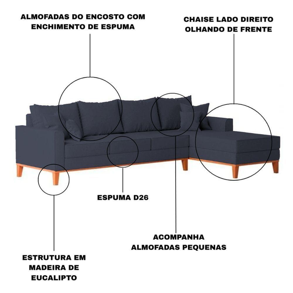 Sofá 4 Lugares Beny Com Chaise Direito Suede Azul - 3