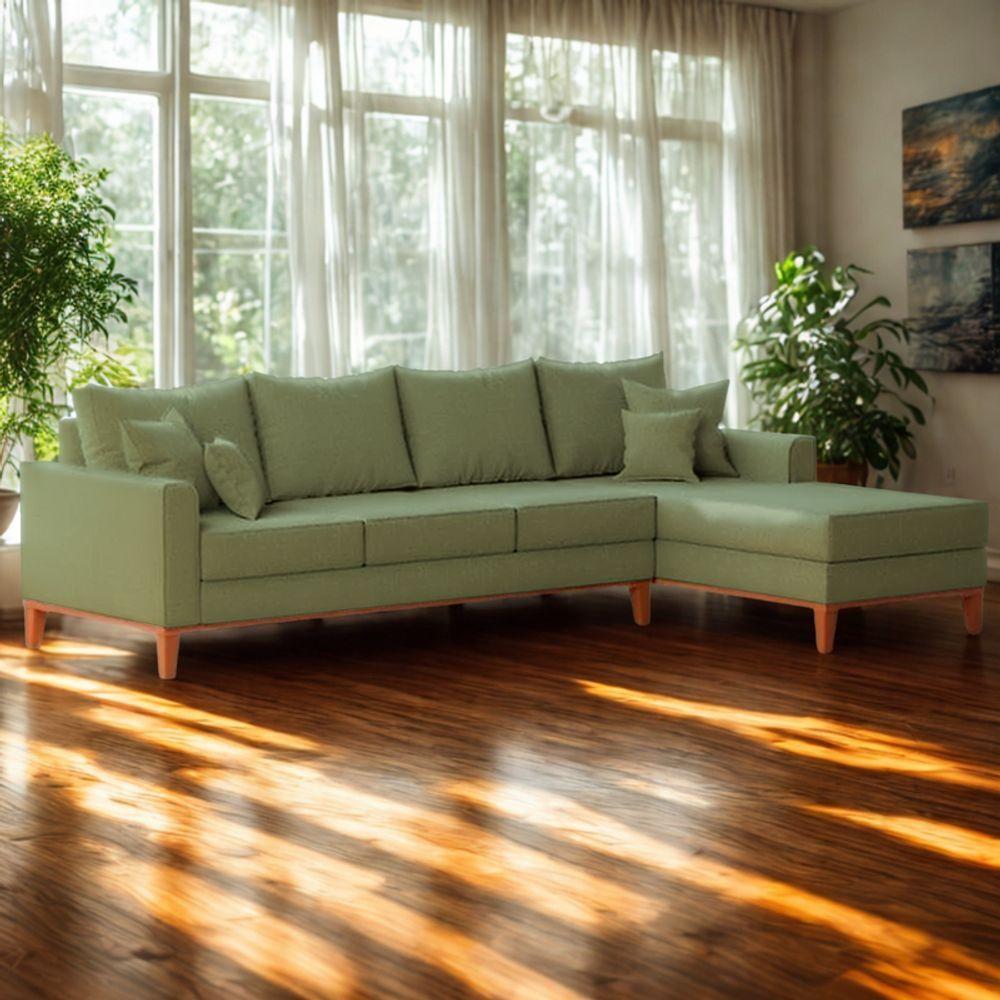 Sofá 4 Lugares Beny Com Chaise Direito Linho Verde Oliva - 1