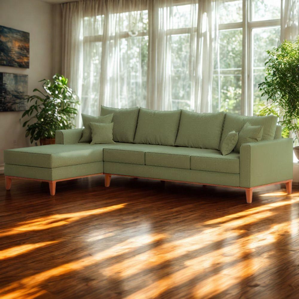 Sofá 4 Lugares Beny Com Chaise Esquerdo Linho Verde Oliva - 1