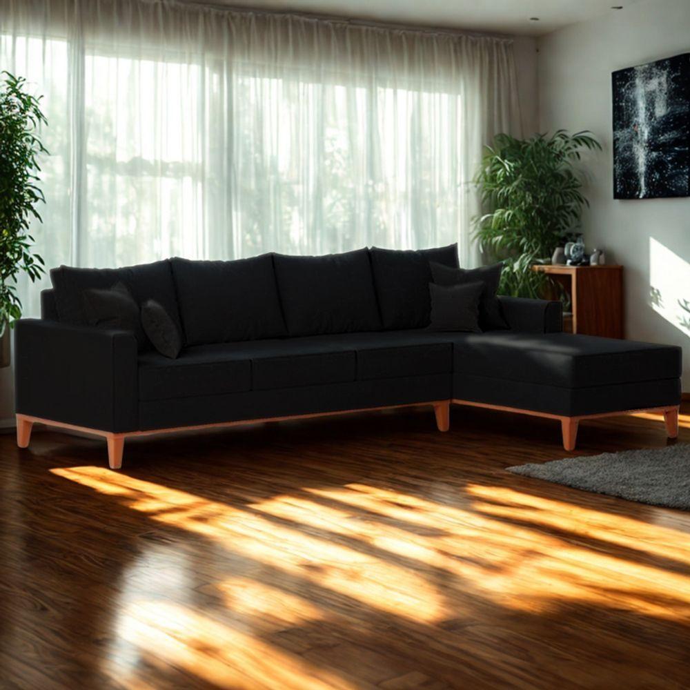 Sofá 4 Lugares Beny Com Chaise Direito Linho Preto - 1
