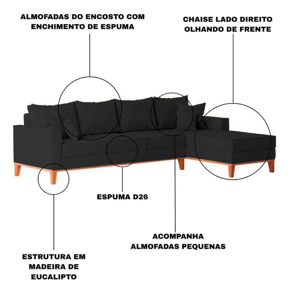 Sofá 4 Lugares Beny Com Chaise Direito Linho Preto - 3